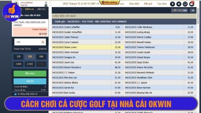 Truy cập Okwin và tham gia đặt cược kèo golf kiếm thưởng